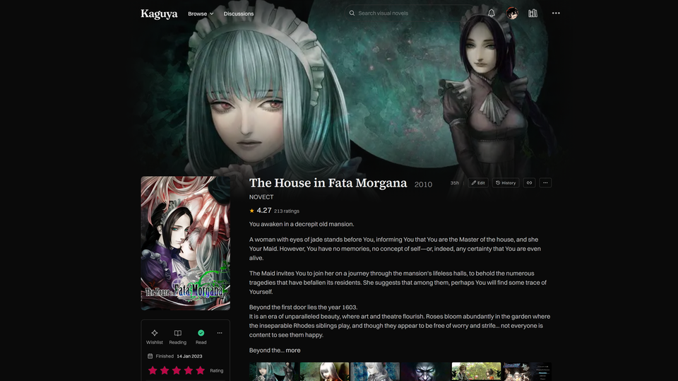 The House in Fata Morgana page showing cover artwork, community ratings, description, and reading status