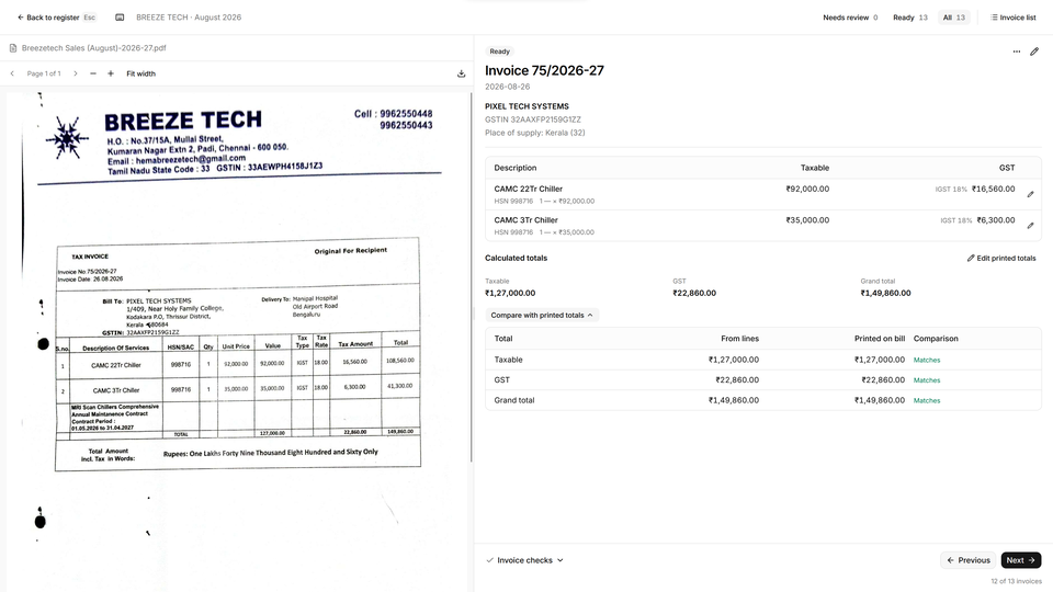 Original invoice beside extracted line items, IGST, and matching taxable, tax, and grand totals