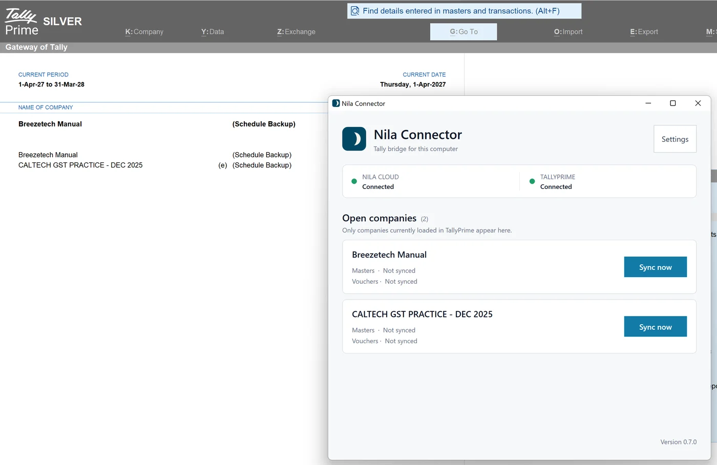 The Nila Connector window open over TallyPrime, showing Nila Cloud and TallyPrime both connected and two test companies ready to sync